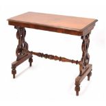 Victorian mahogany stretcher table, the rectangular moulded top raised on scrolling carved