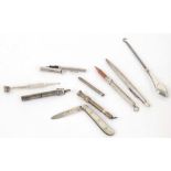 Collection of silver and white metal pens/telescopic pencils; together with a mother of pearl handle