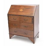 Edwardian mahogany inlaid bureau, the fall front with satinwood banding and a conch shell paterae