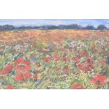 Hazel Russell (20th century contemporary) - Poppy field, signed, pastel, 7.5" x 11.5", framed, 18" x