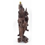 Chinese carved hardwood figural lamp base, 25" high including fitting