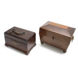 19th century rosewood tea caddy of sarcophagus form, with divided interior, raised on brass ball