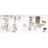 Box of silver plated table wares including kettle on stand, three sconce candlestick, coffee pot,