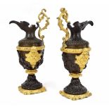 Good pair of French classical style gilt and patinated bronze ewers, 12" high (2)