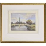 Ken Coker (20th century) - Salisbury Cathedral from the water meadows, indistinctly signed, also