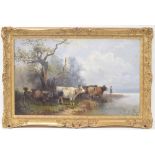 Jan Jean (19th century) - River landscape with cattle, a man fishing nearby, signed, also