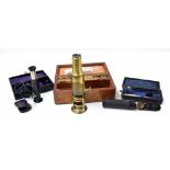 Early 20th century brass monocular microscope, with 6" barrel, complete with components and