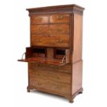 Fine George III mahogany inlaid secrétaire tallboy, the upper part with carved dentil cornice and
