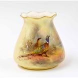 Royal Worcester porcelain vase by James Stinton, with a wavy flared rim painted with a pheasant,