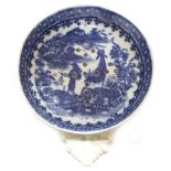 Caughley 'Fisherman' pattern transfer print porcelain strainer, with shell handle, 3" diameter