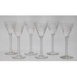 Set of six cordial glasses, the funnel bowl with foliate etched decoration, raised on a mercury