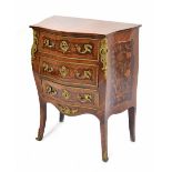 French kingwood, rosewood marquetry bombé serpentine commode chest, with applied ornate gilt metal