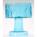 Swedish blue art glass pedestal punch bowl, the basin with moulded stylised flowerhead motif, raised