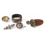 Mixed silver bijouterie; to include small shell dish, child's whistle/rattle (at fault), standard