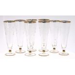 Set of eight cherry etched sundae glasses, each with knopped stem and gilt rim borders, 8.75"