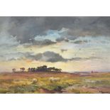 Wycliffe Eggington (1875-1951) - Afterglow, rural landscape at dusk with sheep grazing in the