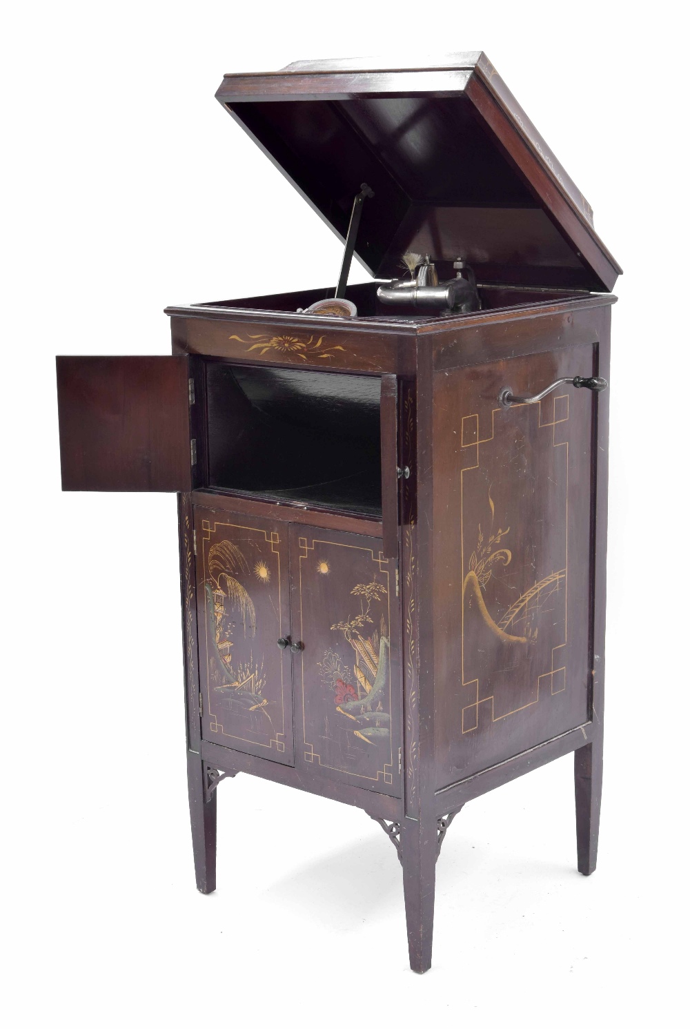 Vintage chinoiserie decorated cabinet gramophone, painted with garden scenes, bearing Brown & Son of