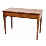 Mahogany hall table, the plain top over two drawers, raised on notched tapering square legs, 42"
