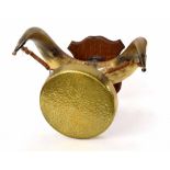 Brass dinner gong, hanging on horn supports with mahogany shield wall mount; together with a commode