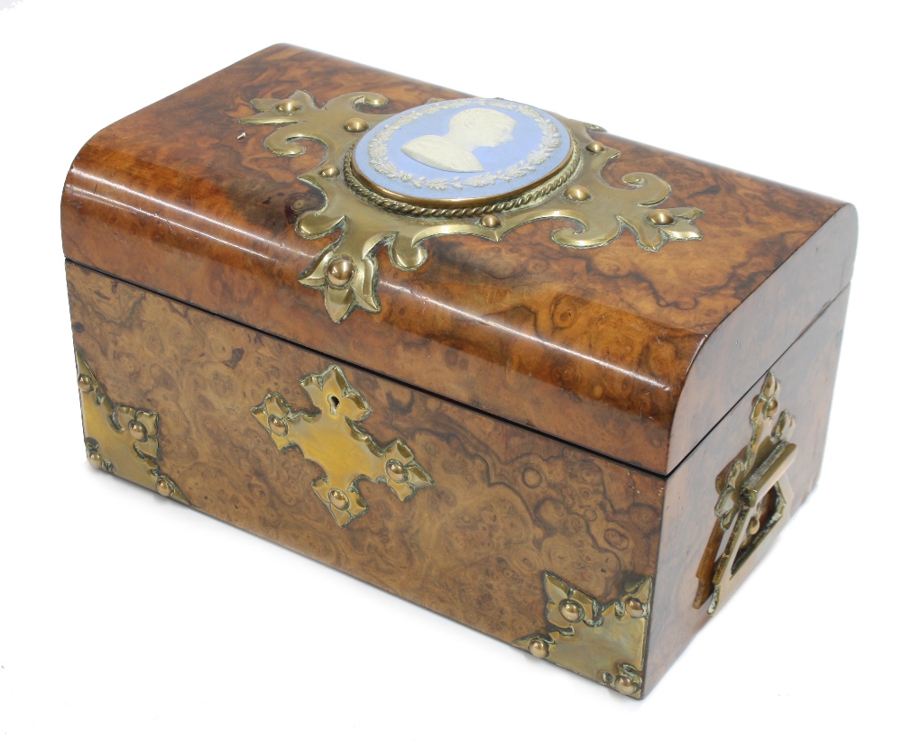 Attractive Victorian burr walnut dome top box, the hinged cover with applied scrolling brass
