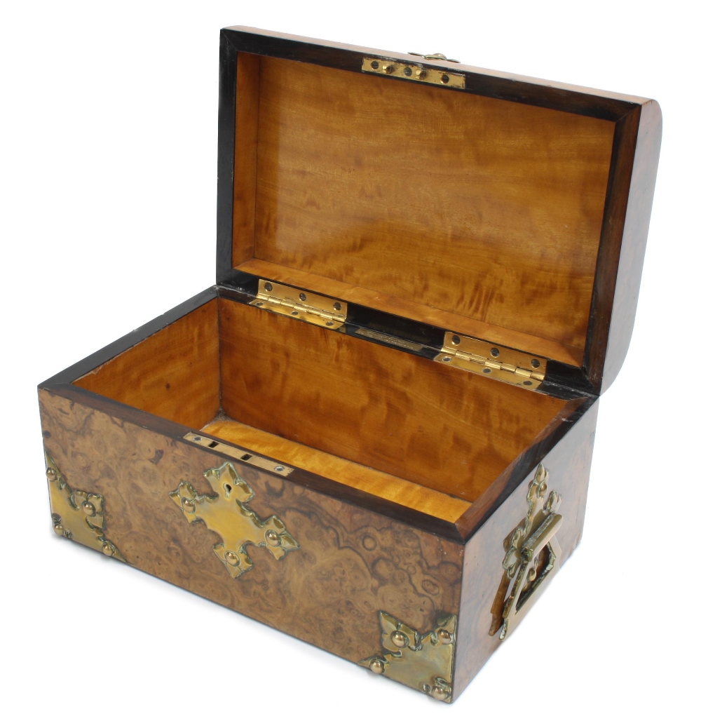 Attractive Victorian burr walnut dome top box, the hinged cover with applied scrolling brass - Image 2 of 2