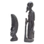 West African, Benin - carved ebony figure of a tribal elder with staff, 15" high; together with a