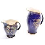 Two Crown Devon lustre ware jugs, factory stamps underside, 7.5" and 5" high respectively (2)