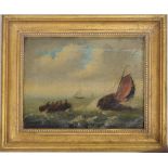 English School (19th century) - Seascape with figures in a rowing boat approaching a fishing boat in