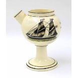18th century cream ware wet drug jar, the globular body decorated with two ships flying stars and