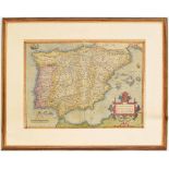 17th century coloured engraving map of Spain and Portugal, Regni Hispaniae post Omnium Editio Nes