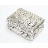 Italian white metal rectangular box, the cover repousse decorated with a figural tavern interior