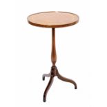 Circular mahogany inlaid occasional tripod table with a bulbous tapered column and downswept