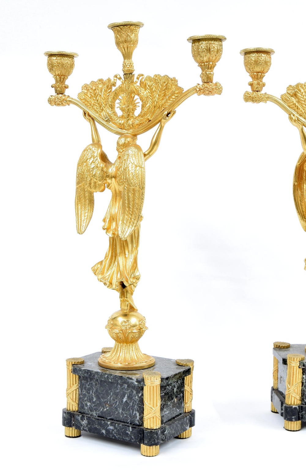 Good pair of Regency Empire ormolu and marble figural candelabra, modelled as angels holding three - Image 2 of 2