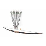 Chinese Quing Dynasty bamboo and horn long bow, original string, 56" long; together with fifteen