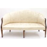 Edwardian floral silk damask sofa, with mahogany boxwood inlaid frame on tapering spade legs, sofa