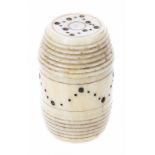 Georgian ivory nutmeg grater, in a barrell form, decorated with pricked central band and motif to