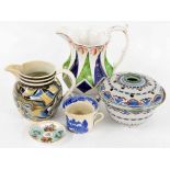 Small collection of assorted pottery; including a Mocha ware type jug with banded rim, 4.5" high,