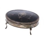 George V silver and piqué tortoisehell oval dressing table box, the cover decorated with a