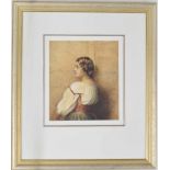 Continental School (19th century) - Portrait of a young lady, half length, wearing a cream, red