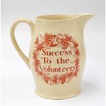 Early 19th century English cream ware jug, red print, inscribed to one side 'Success To the