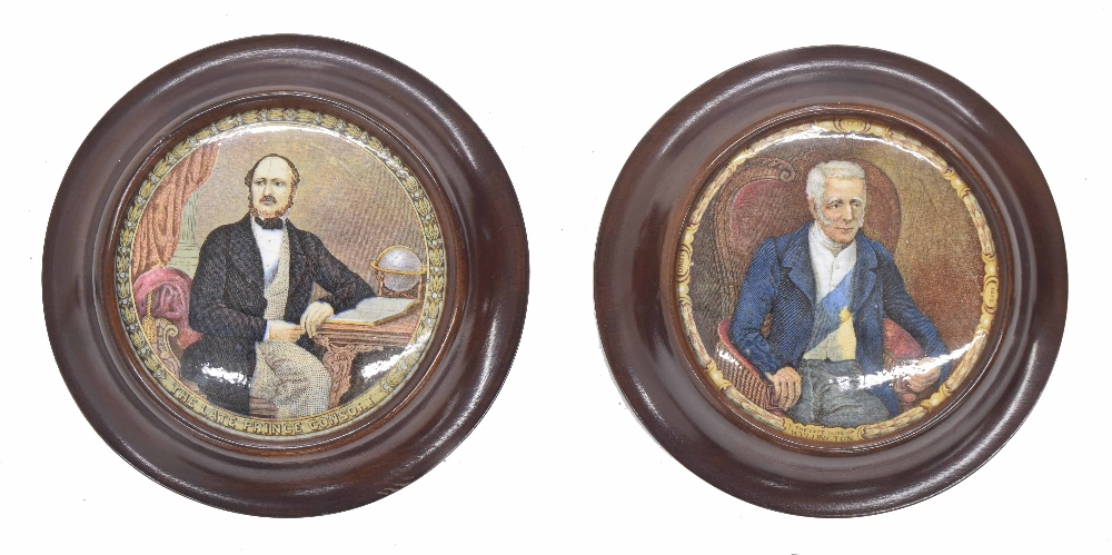 Two framed Prattware pot lids to include 'The Late Duke of Wellington' and 'The Late Prince