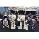 Assorted Staffordshire pottery; to include three flatback figural groups, tallest 15" high,