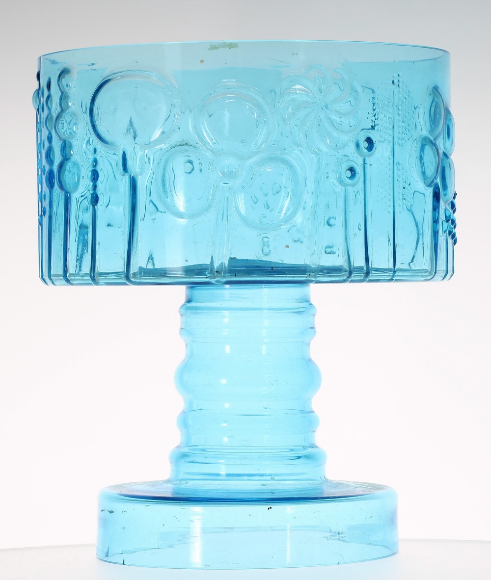 Swedish blue art glass pedestal punch bowl, the basin with moulded stylised flowerhead motif, raised