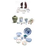 Collection of assorted Chinese porcelain and pottery, including blue and white plates, two tankards,