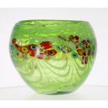 Fratelli Toso style Murano art glass bowl, with green swirl decoration and typical band of cane