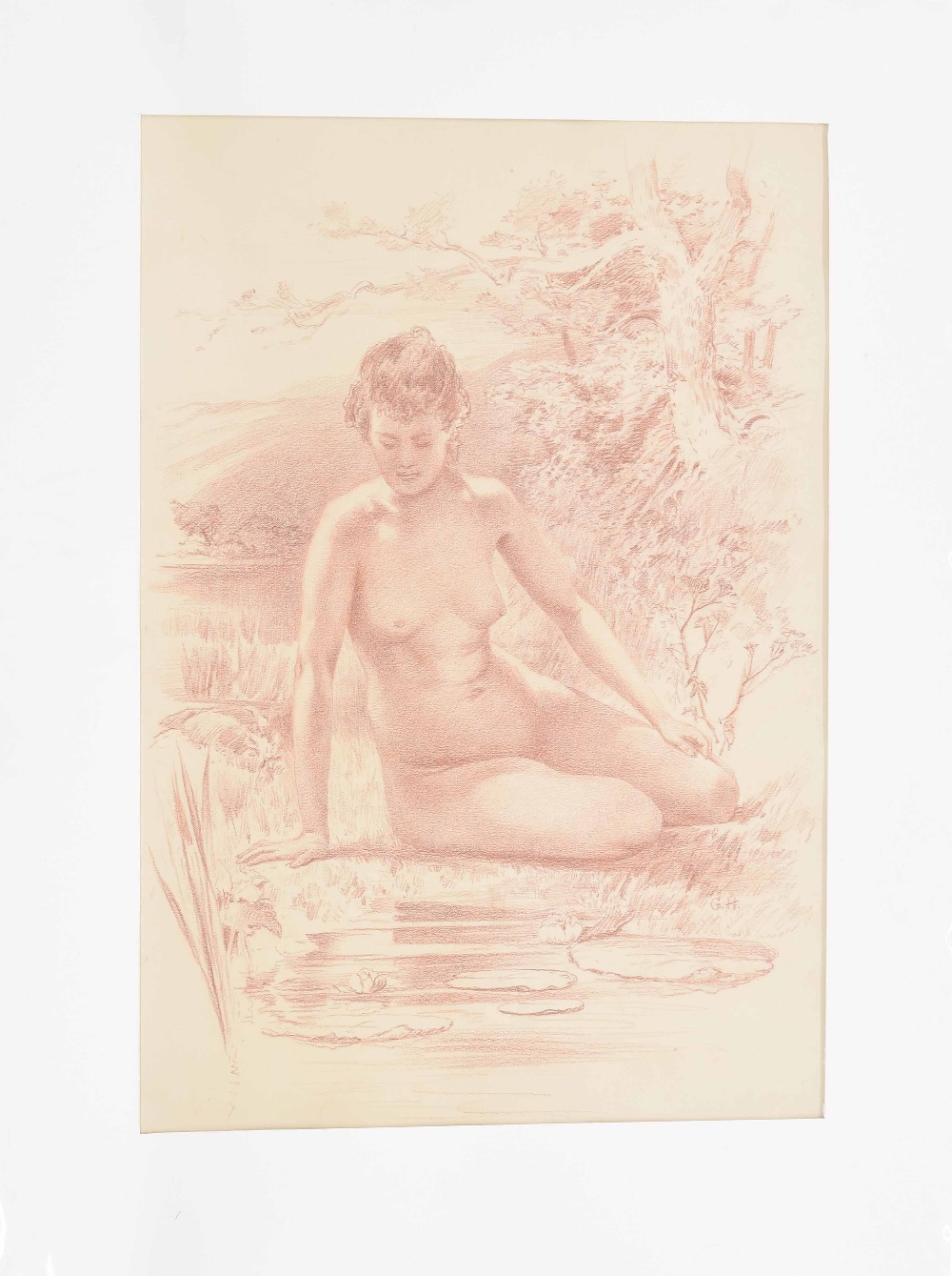 George Hodgson - (1847-1921), a female nude, relaxing by a pond, red conte' drawing, monogram G H