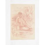George Hodgson - (1847-1921), a female nude, relaxing by a pond, red conte' drawing, monogram G H