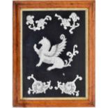 Chinese lace picture of a dragon, with further lace scrolling floral motif around, 12" x 16", within