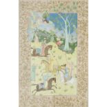 Persian School - Polo match and figures in a garden landscape within a foliate border,