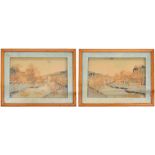 Pair of Chinese carved cork river landscape pictures, 13" x 9.25" in deep mounts and frame, 17" x